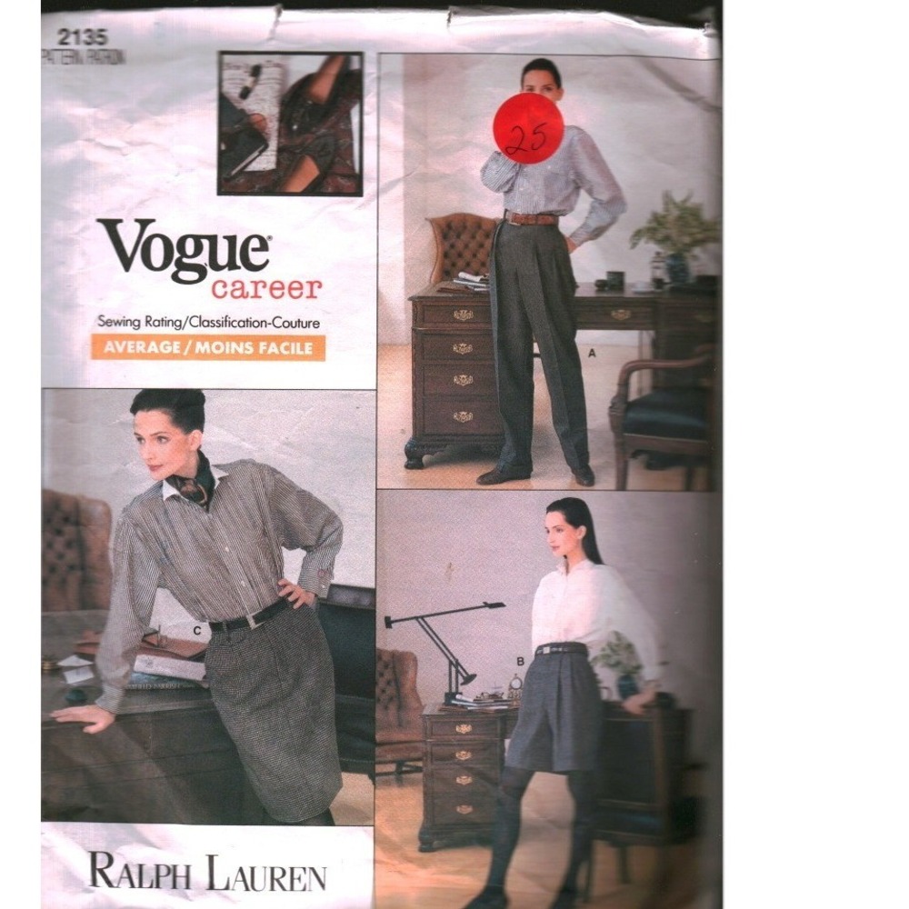 Vintage Vogue 2135 Ralph Lauren Career Sewing Pattern Pants Shorts Skirt 12-16
